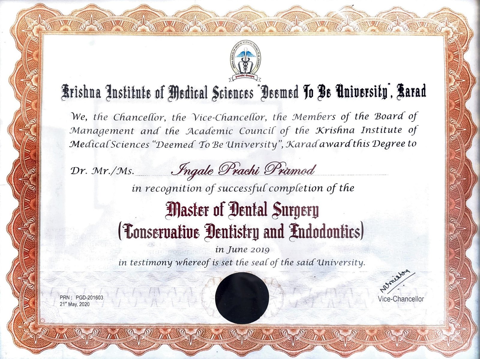 Dr. Prachi Ingale Wetal Certificate